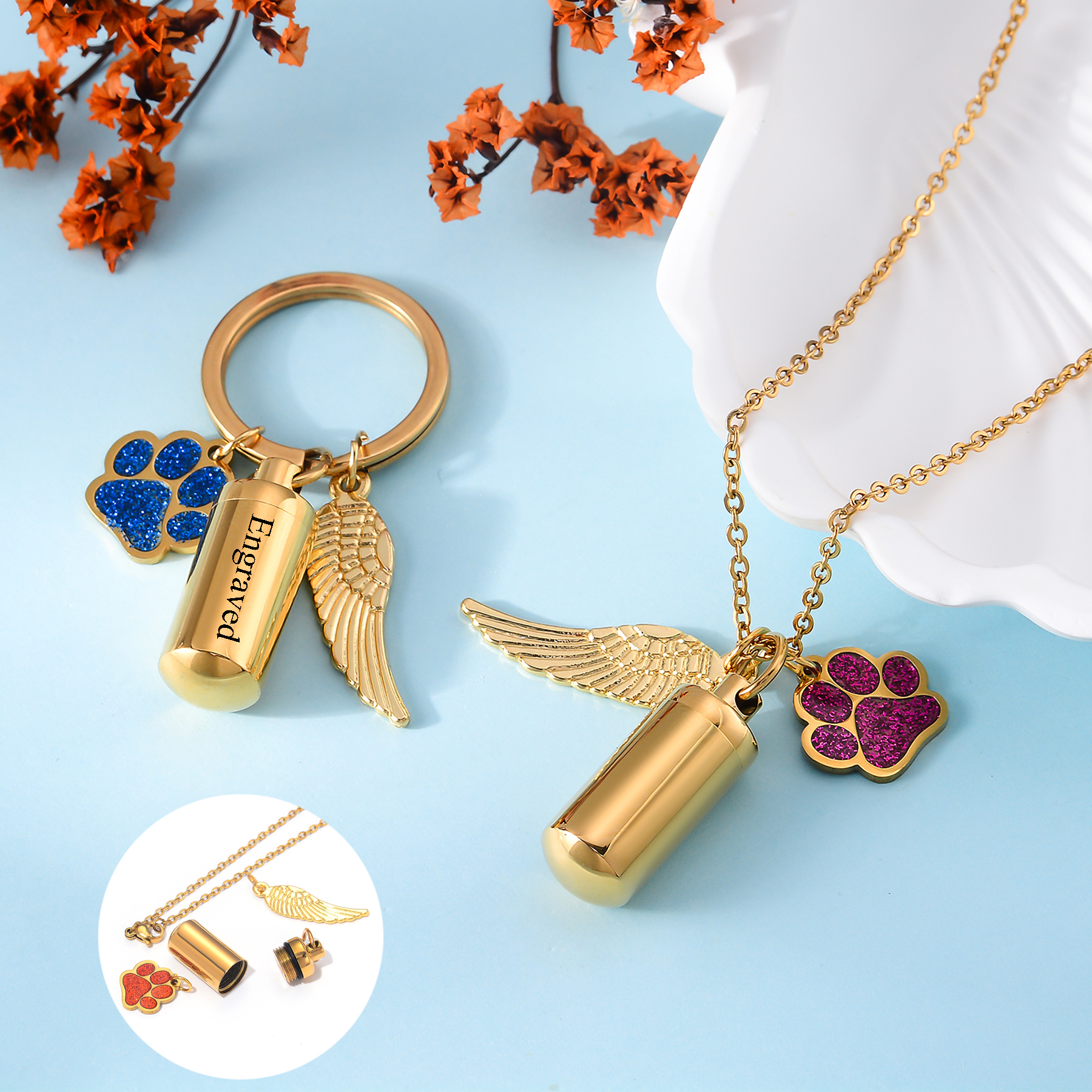 Personal Alarm Keychain - Personalized Stainless Steel Cylinder Urn Necklace
